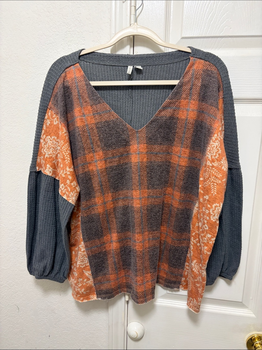 Cato Mixed-Media V-Neck Sweater in Gray & Orange Plaid